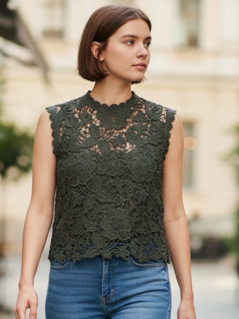 Nanette Lepore Olive Green Crochet Lace Sleeveless Camisole